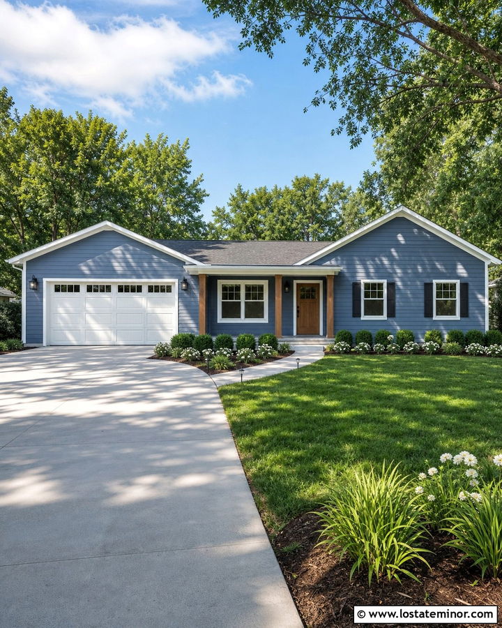 Denim Blue Ranch With Concrete Driveway - 30 Denim Blue House Design With Driveway Ideas