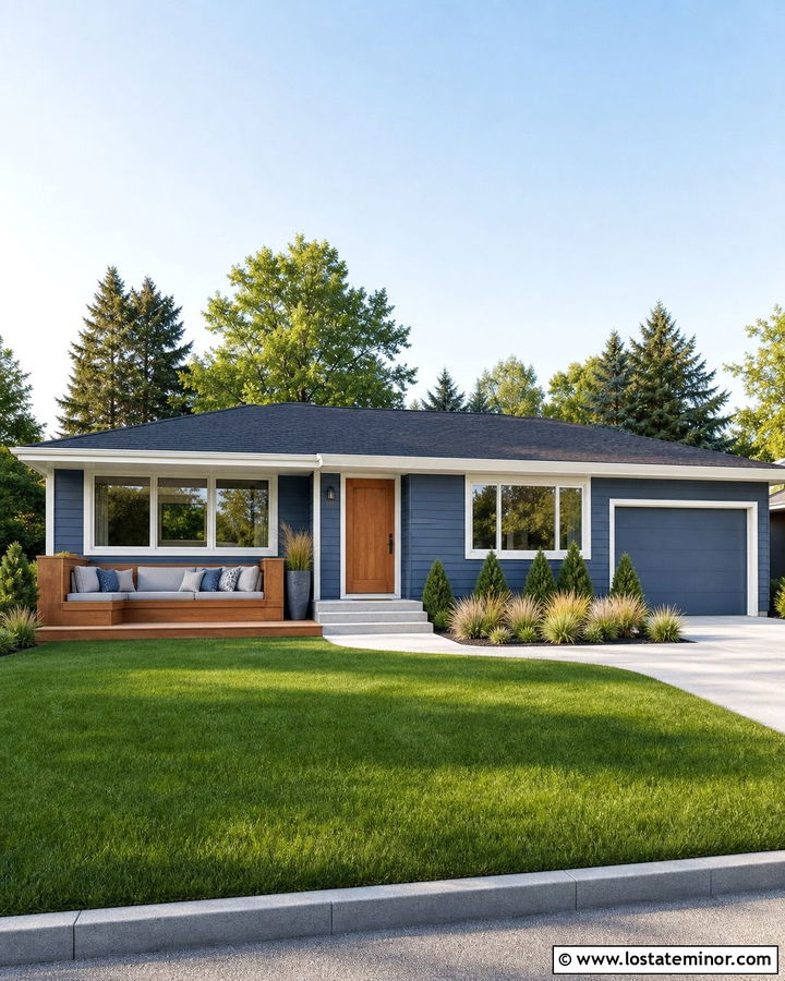 Denim Blue Ranch With Corner Porch Daybed - 30 Denim Blue House Design With Daybed Ideas