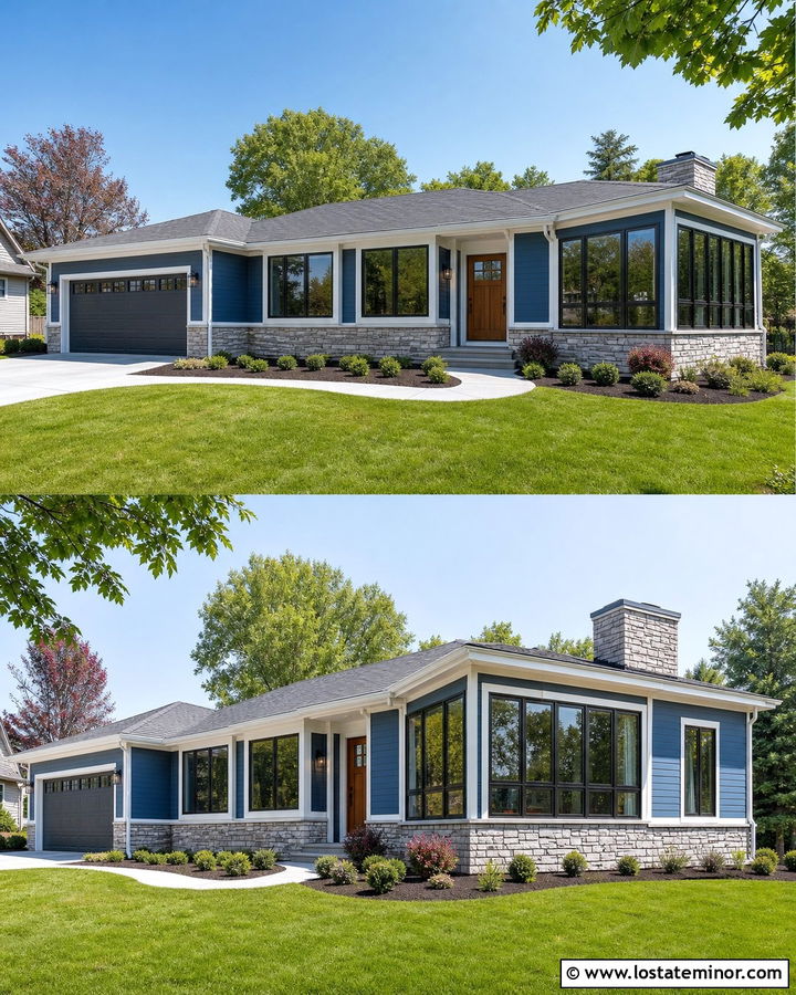 Denim Blue Ranch With Corner Sunroom - 30 Denim Blue House Design With Sunroom Ideas