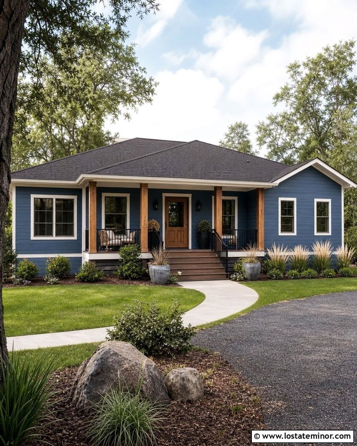 Denim Blue Ranch With Covered Front Porch - 30 Denim Blue House Design With Front Porch Ideas
