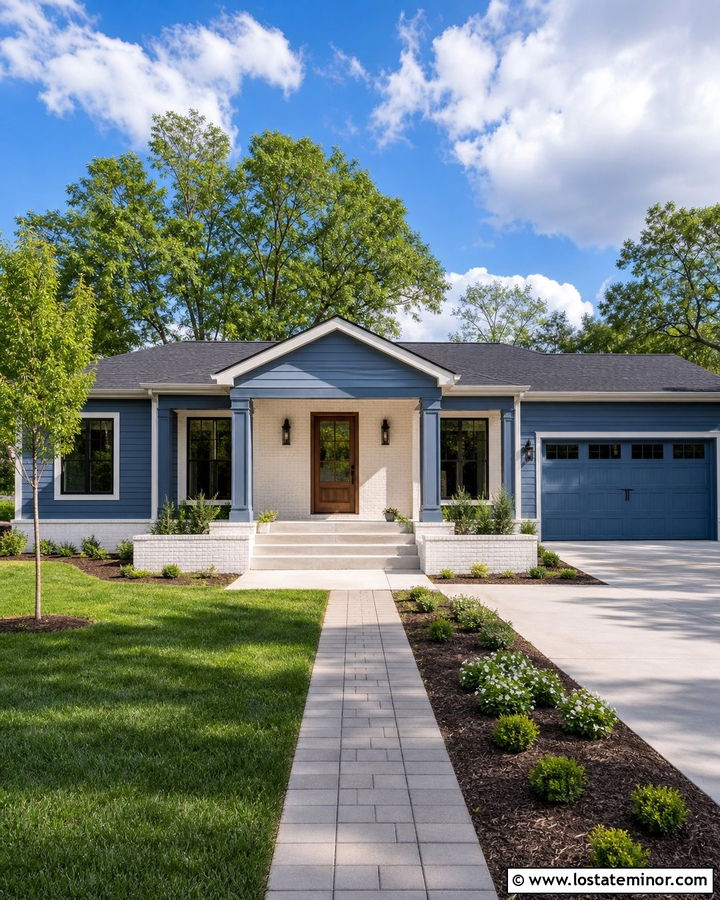 Denim Blue Ranch With White Brick Porch - 30 Denim Blue House Design With Front Porch Ideas