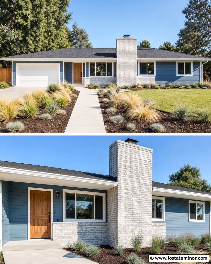 Denim Blue Ranch With Whitewashed Brick Chimney - 30 Denim Blue House Design With Chimney Ideas