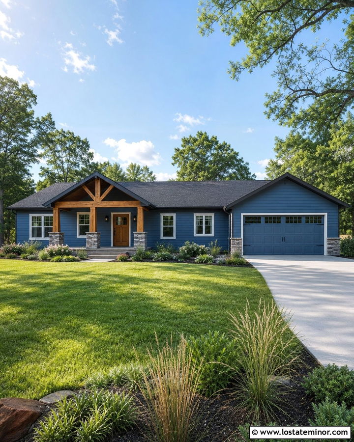 Denim Blue Ranch With Wood Columns - 30 Denim Blue House Design With Accents Ideas
