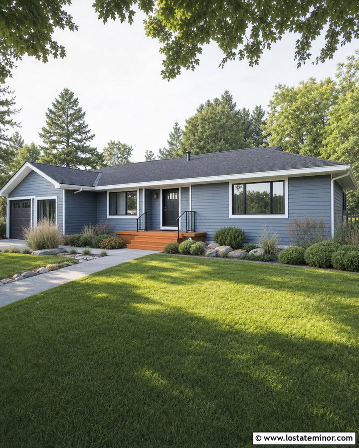 Denim Blue Ranch With Wood Steps - 30 Denim Blue House Design With Steps Ideas