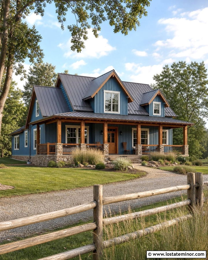 Denim Blue Rustic Farmhouse With Wood Dormers - 30 Denim Blue House Design With Dormers Ideas