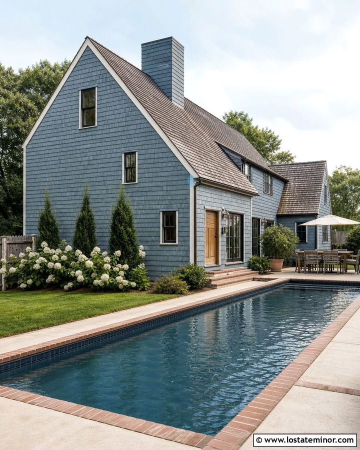 Denim Blue Saltbox House With Narrow Backyard Pool - 30 Denim Blue House Design With Swimming Pool Ideas