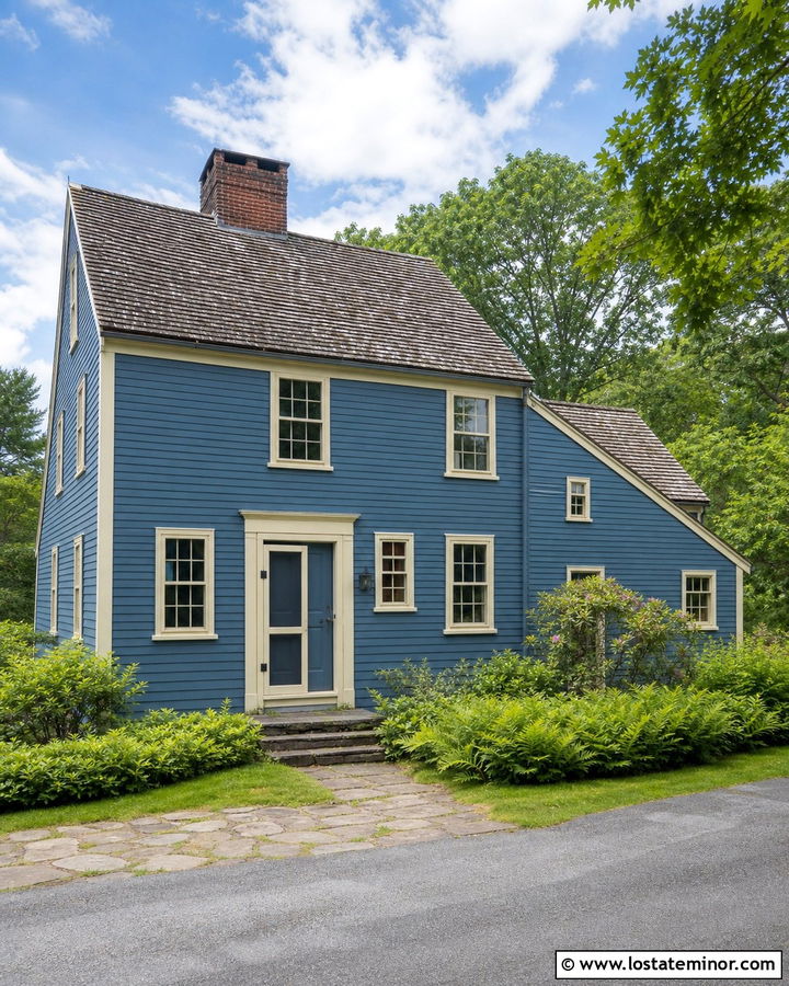 Denim Blue Saltbox With Cream Screen Door - 30 Denim Blue House Design With Screen Door Ideas