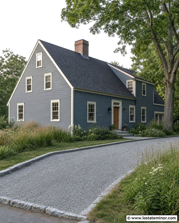 Denim Blue Saltbox With Gray Gravel Driveway - 30 Denim Blue House Design With Driveway Ideas