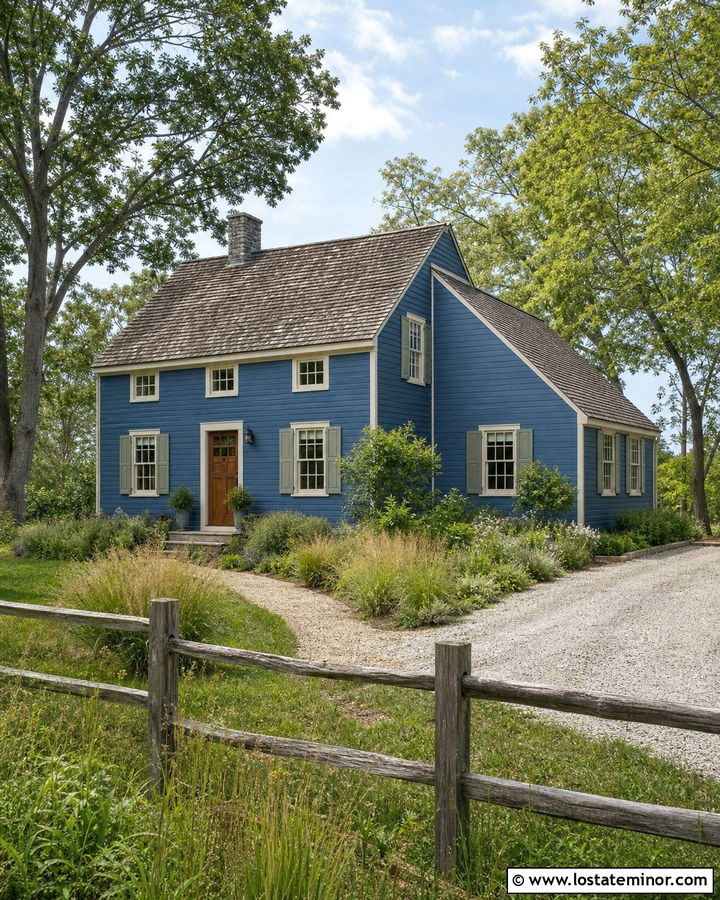 Denim Blue Saltbox With Sage Green Shutters - 30 Denim Blue House Design With Shutters Ideas