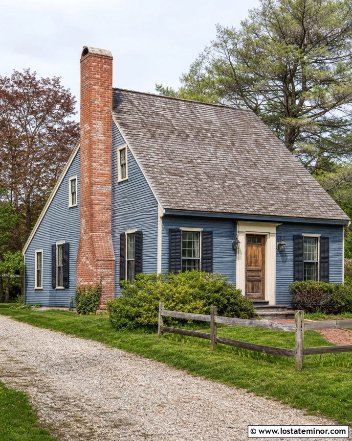 Denim Blue Saltbox With Weathered Brick Chimney - 30 Denim Blue House Design With Chimney Ideas