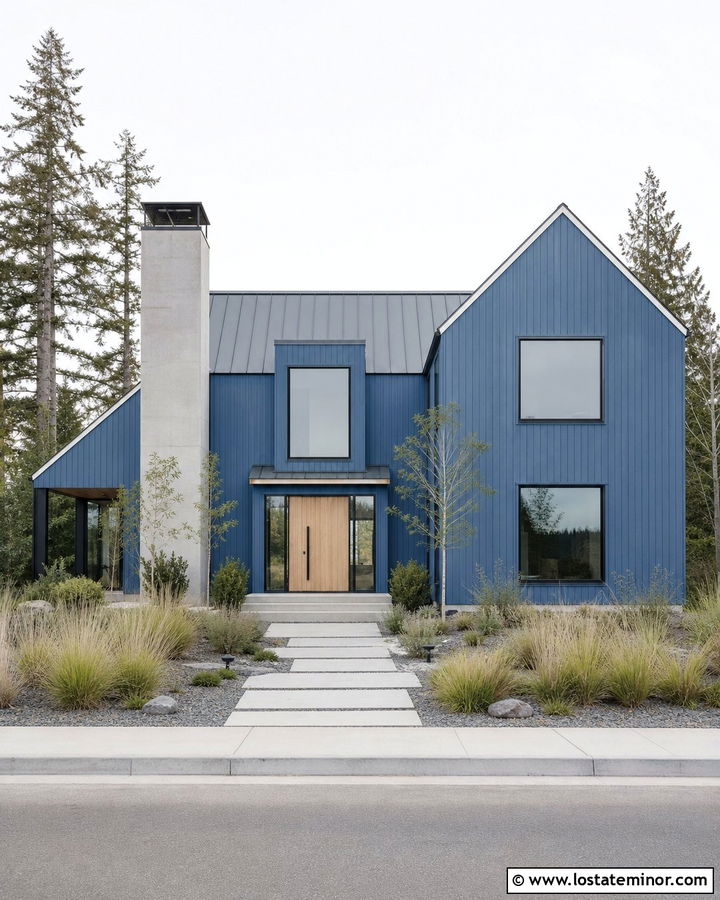 Denim Blue Scandinavian House With Concrete Chimney - 30 Denim Blue House Design With Chimney Ideas