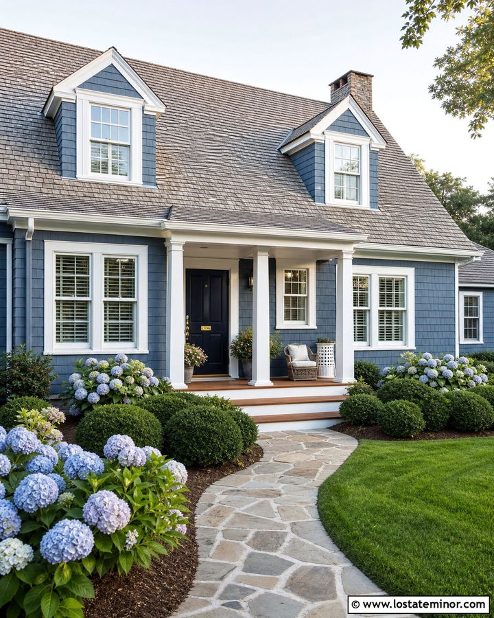 Denim Blue Shake Siding With White Columns - 30 Denim Blue House Design With Siding Ideas
