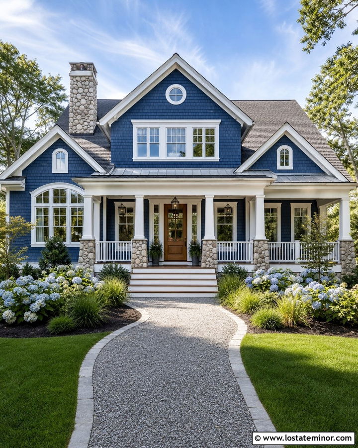 Denim Blue Shingle House With Chunky Columns - 30 Denim Blue House Design With Porch Columns Ideas