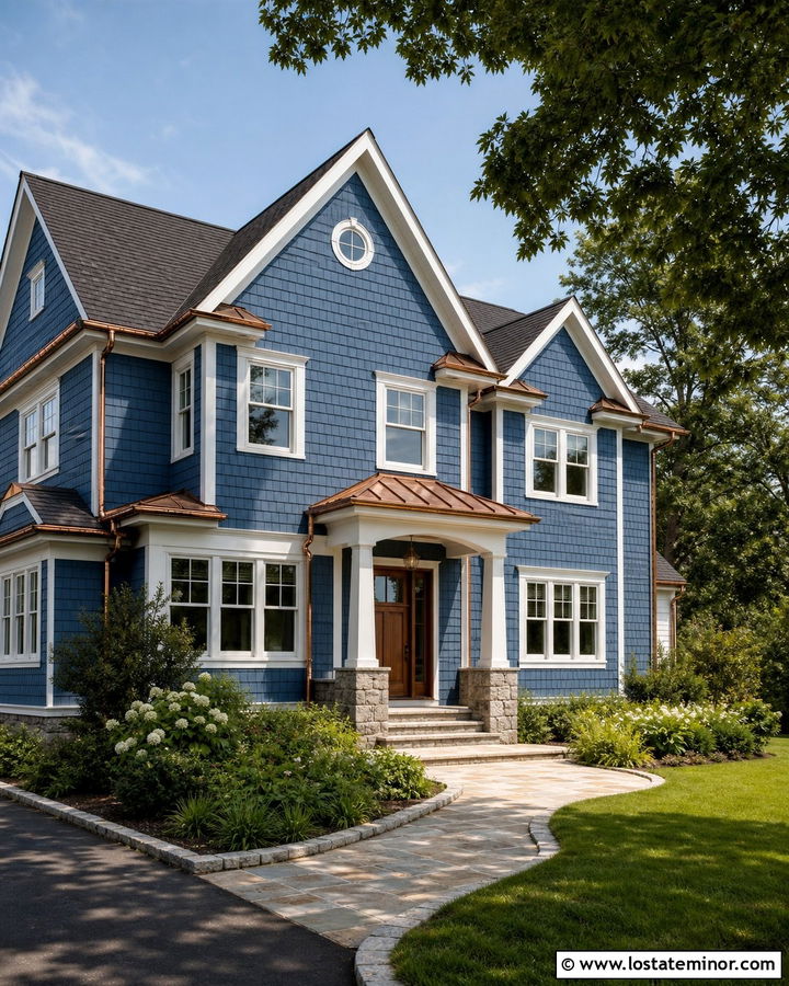 Denim Blue Shingle House With Copper Accents - 30 Denim Blue House Design With Shingles Ideas