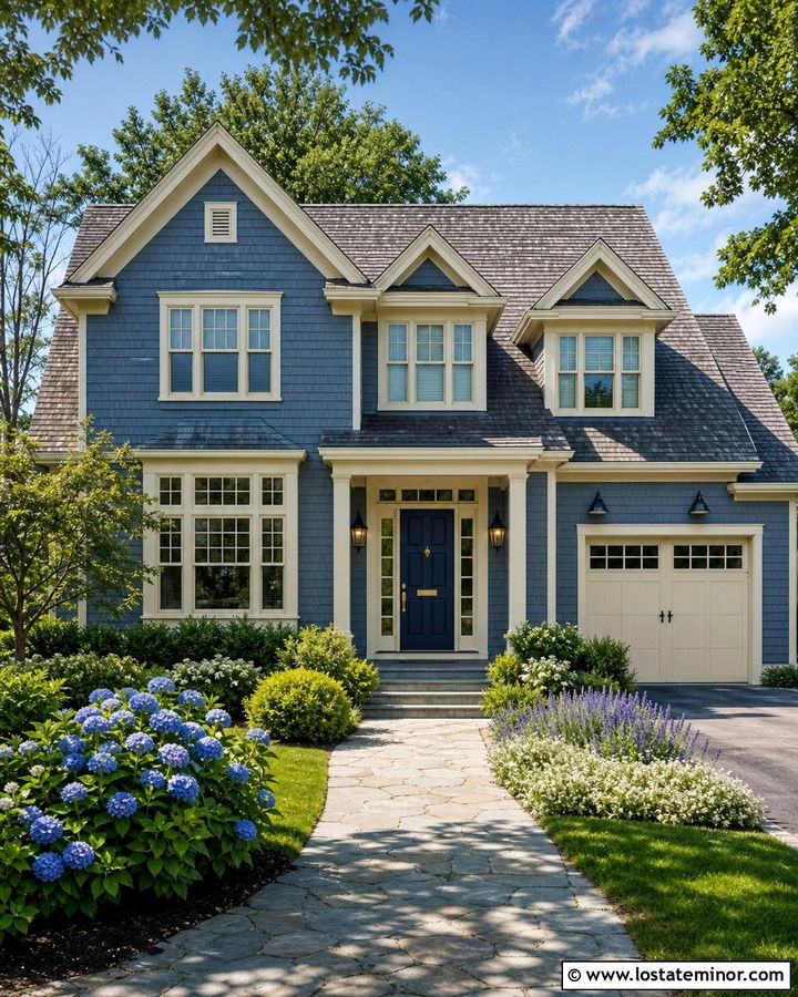 Denim Blue Shingle House With Cream Window Frames - 30 Denim Blue House Design With Window Frames Ideas