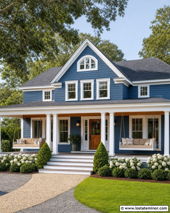 Denim Blue Shingle House With Double Daybeds - 30 Denim Blue House Design With Daybed Ideas