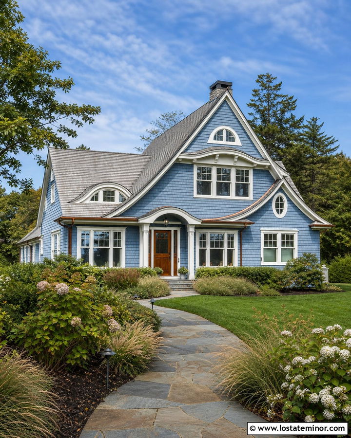 Denim Blue Shingle House With Eyebrow Dormers - 30 Denim Blue House Design With Dormers Ideas