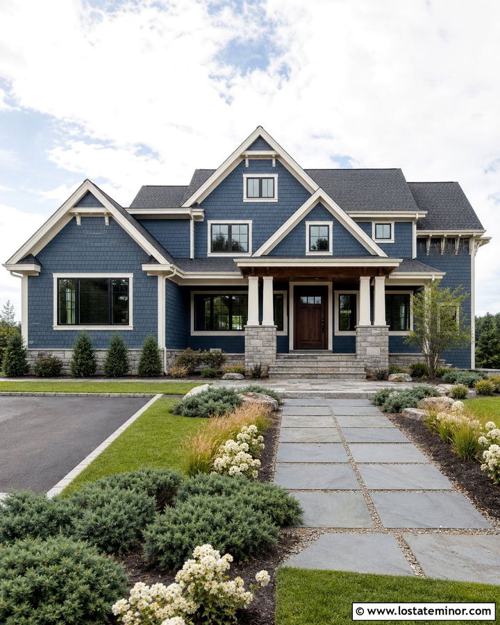Denim Blue Shingle House With Stone Porch - 30 Denim Blue House Design With Front Porch Ideas