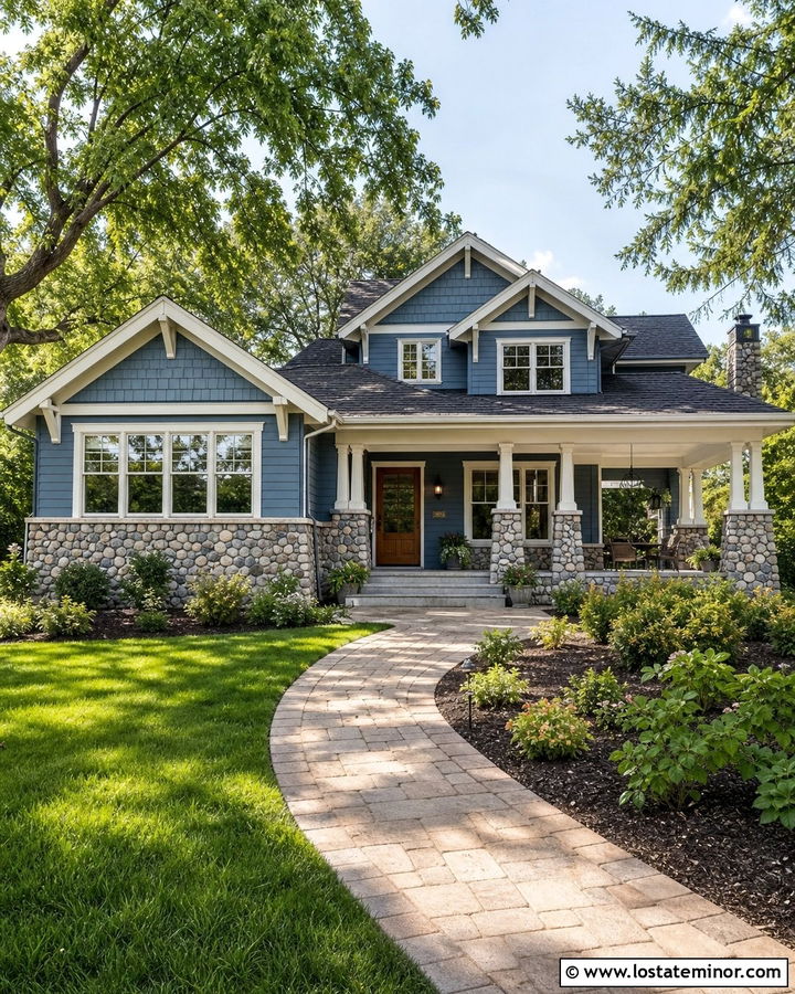 Denim Blue Siding With Gray Stone - 30 Denim Blue House Design With Siding Ideas
