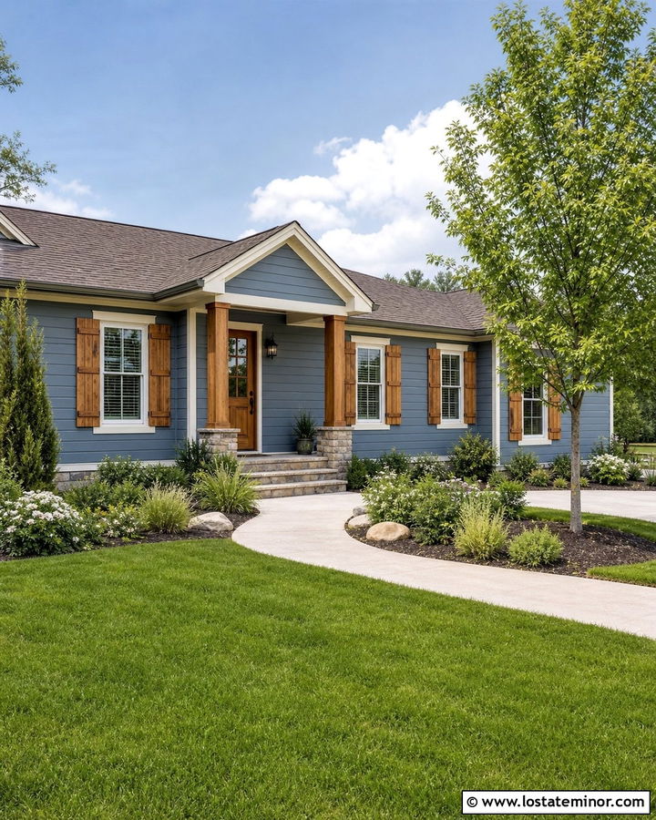 Denim Blue Siding With Natural Wood Shutters - 30 Denim Blue House Design With Siding Ideas