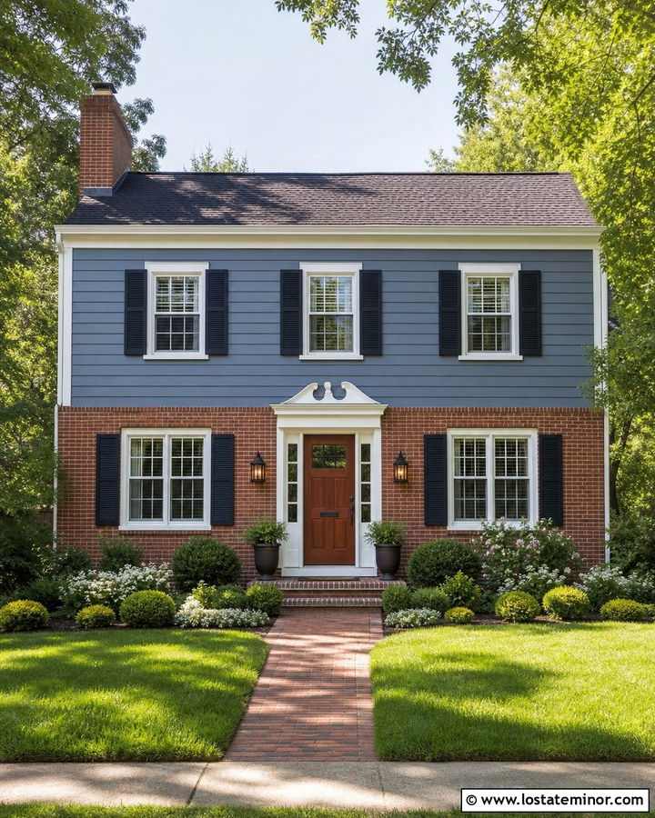Denim Blue Siding With Red Brick - 30 Denim Blue House Design With Siding Ideas