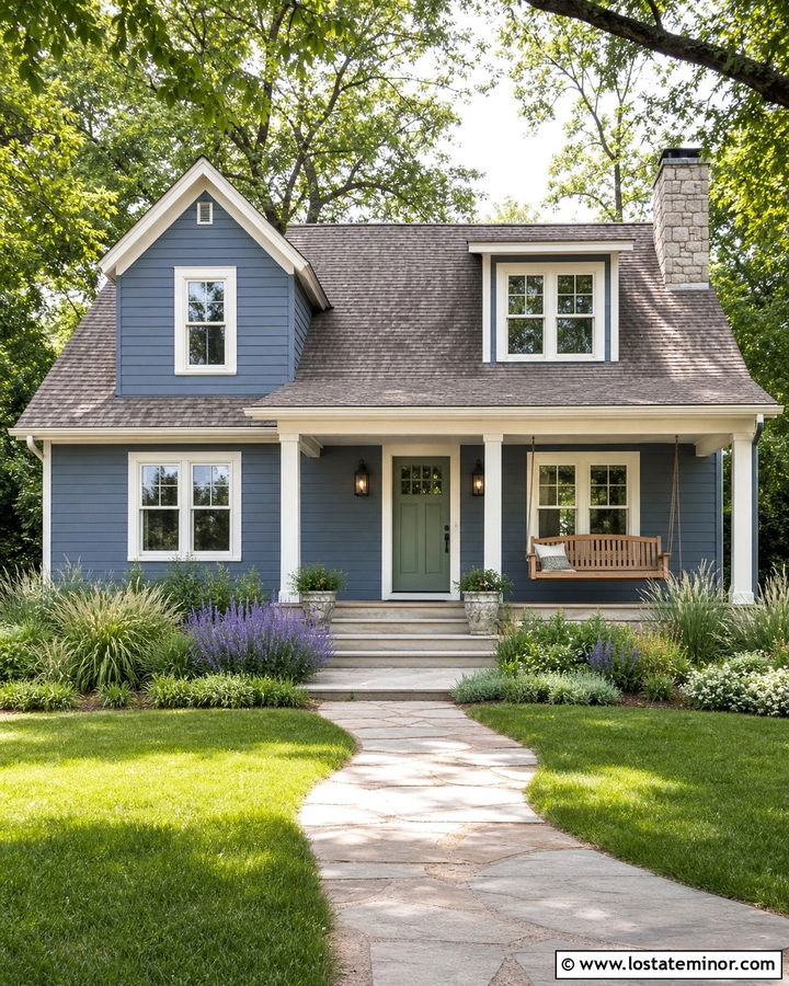 Denim Blue Siding With Sage Green Door - 30 Denim Blue House Design With Siding Ideas