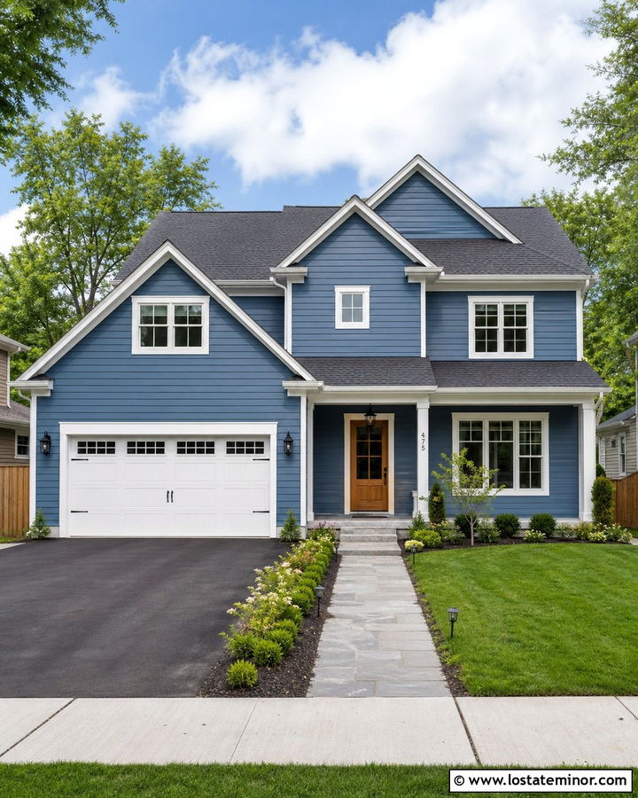 Denim Blue Siding With White Garage Doors - 30 Denim Blue House Design With Siding Ideas