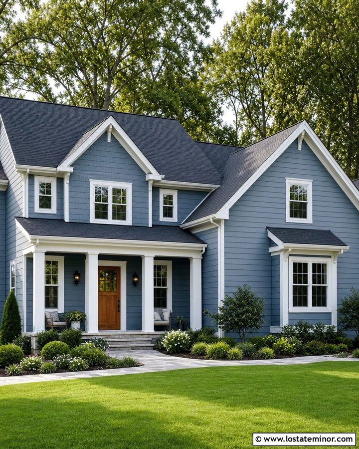 Denim Blue Siding With White Trim And Cedar Door - 30 Denim Blue House Design With Siding Ideas