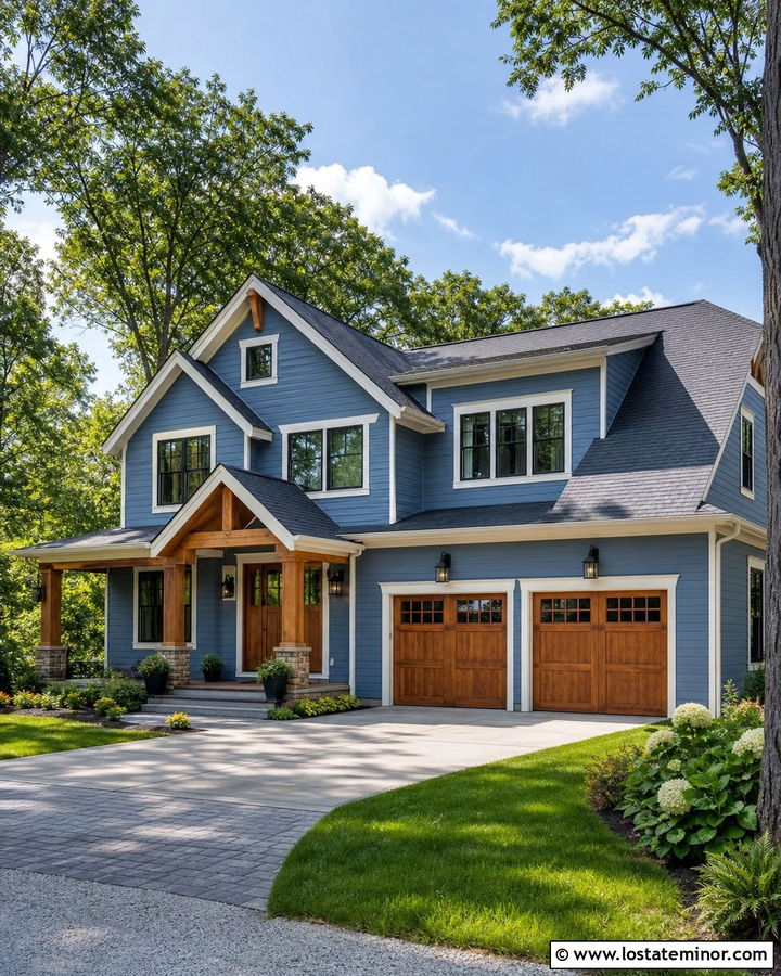 Denim Blue Siding With Wood Garage Doors - 30 Denim Blue House Design With Siding Ideas