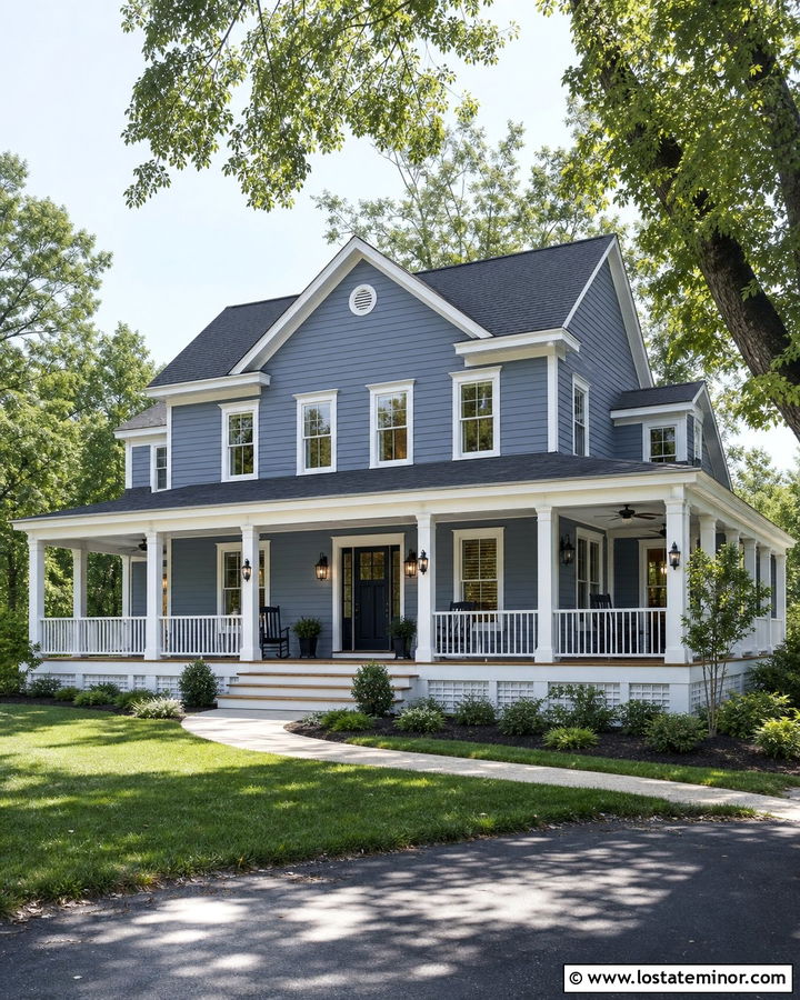 Denim Blue Siding With Wraparound Porch - 30 Denim Blue House Design With Siding Ideas