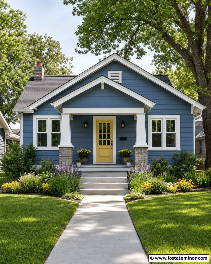 Denim Blue Siding With Yellow Front Door - 30 Denim Blue House Design With Siding Ideas
