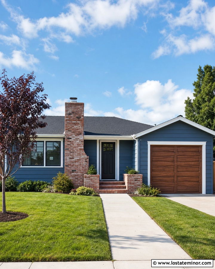 Denim Blue Small Ranch With Red Brick Chimney - 30 Denim Blue House Design With Chimney Ideas