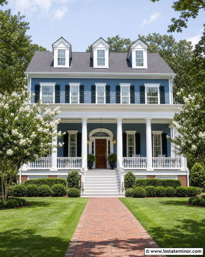 Denim Blue Southern House With Pediment Dormers - 30 Denim Blue House Design With Dormers Ideas