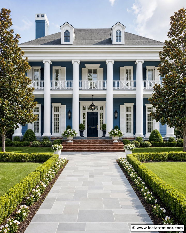 Denim Blue Southern House With Two Story Columns - 30 Denim Blue House Design With Porch Columns Ideas