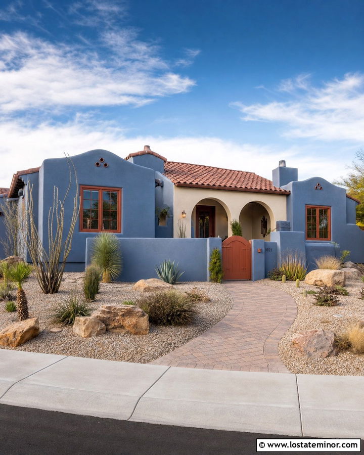 Denim Blue Southwest House With Terracotta Window Frames - 30 Denim Blue House Design With Window Frames Ideas