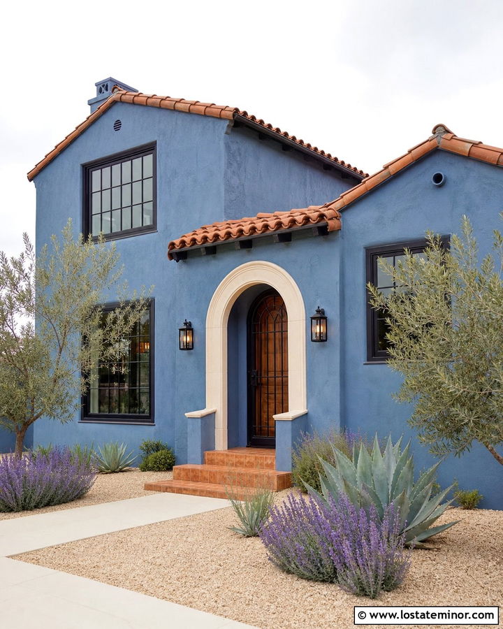 Denim Blue Spanish House With Black Screen Door - 30 Denim Blue House Design With Screen Door Ideas