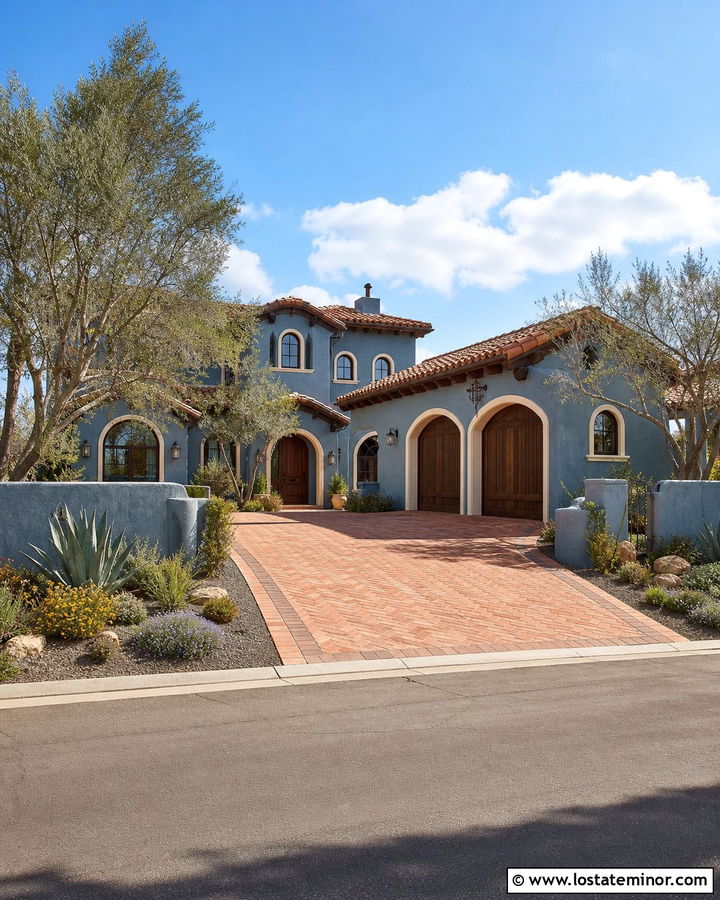Denim Blue Spanish Revival With Terracotta Paver Driveway - 30 Denim Blue House Design With Driveway Ideas