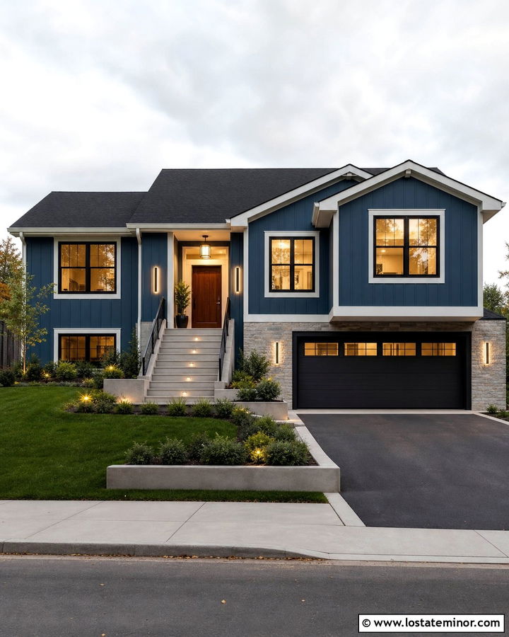 Denim Blue Split Level House With Linear Sconces - 30 Denim Blue House Design With Lighting Ideas