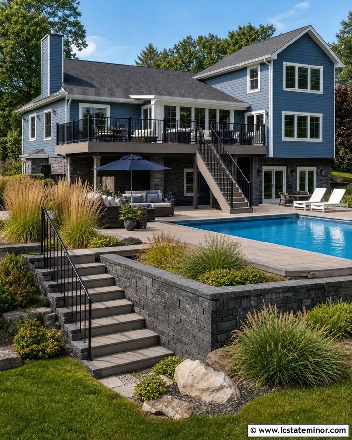 Denim Blue Split Level House With Raised Pool Deck - 30 Denim Blue House Design With Swimming Pool Ideas