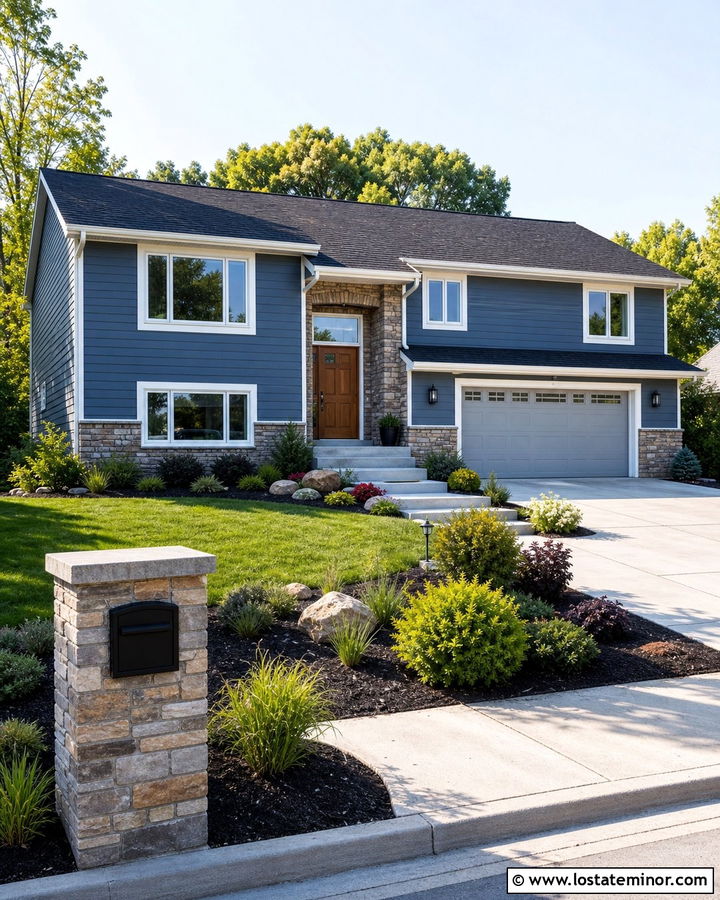 Denim Blue Split Level House With Stone Mailbox Pillar - 30 Denim Blue House Design With Mailbox Ideas