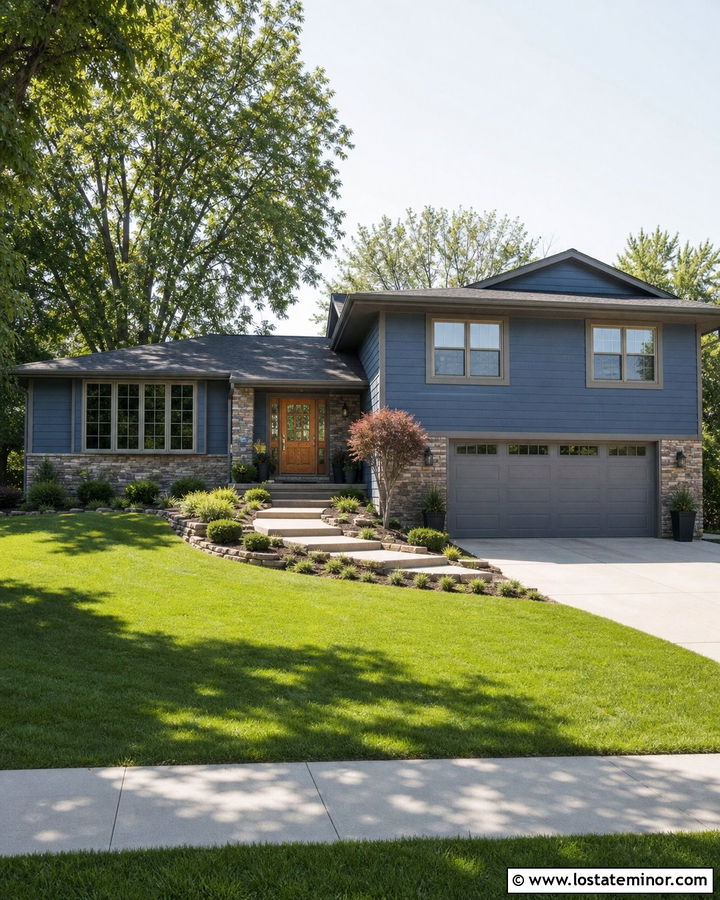 Denim Blue Split Level House With Taupe Window Frames - 30 Denim Blue House Design With Window Frames Ideas