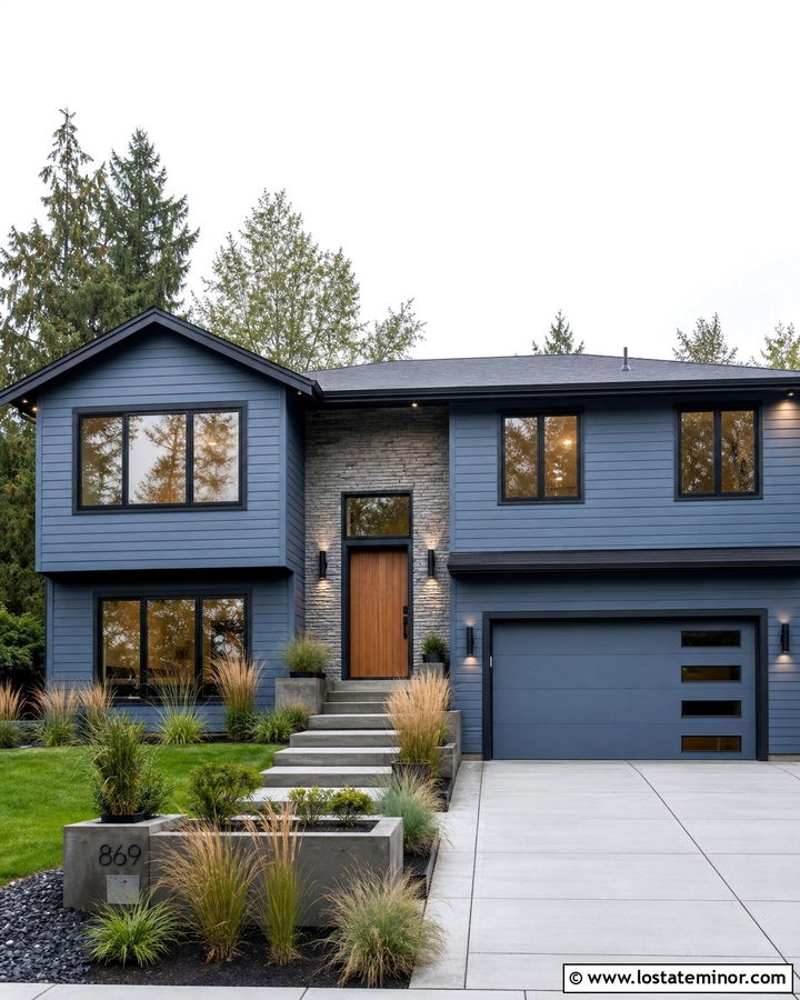 Denim Blue Split Level House With Up And Down Lights - 30 Denim Blue House Design With Light Fixtures Ideas