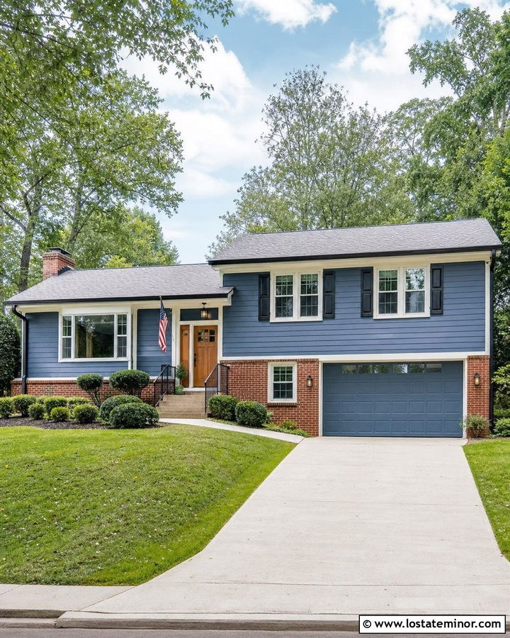Denim Blue Split Level With Brick Lower Level - 30 Denim Blue House Design With Brick Accents Ideas