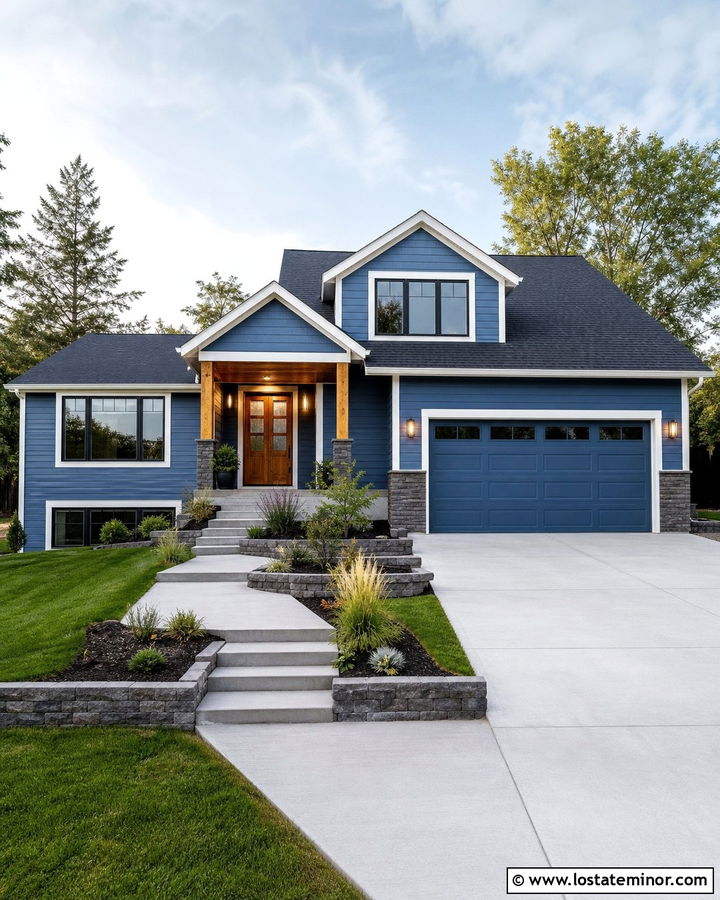 Denim Blue Split Level With Center Dormer - 30 Denim Blue House Design With Dormers Ideas