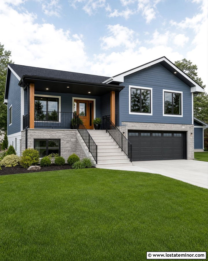 Denim Blue Split Level With Charcoal Porch Ceiling - 30 Denim Blue House Design With Porch Ceiling Ideas