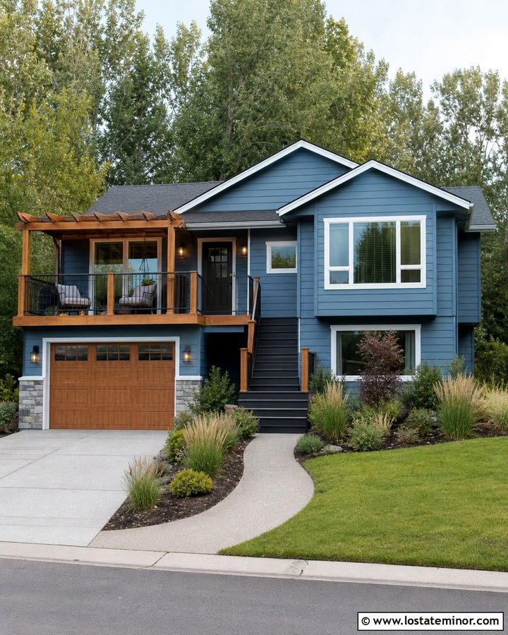 Denim Blue Split Level With Deck Pergola - 30 Denim Blue House Design With Pergola Ideas