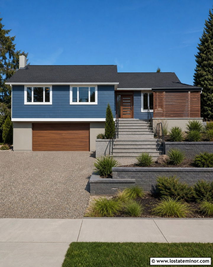 Denim Blue Split Level With Exposed Aggregate Driveway - 30 Denim Blue House Design With Driveway Ideas