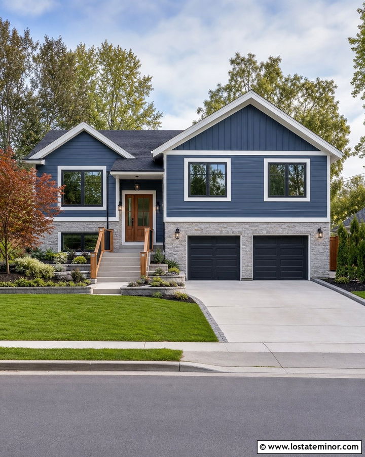 Denim Blue Split Level With Gables - 30 Denim Blue House Design With Gables Ideas