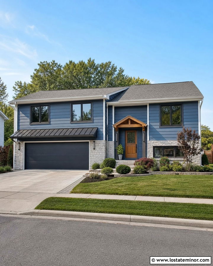 Denim Blue Split Level With Garage Awning - 30 Denim Blue House Design With Awning Ideas
