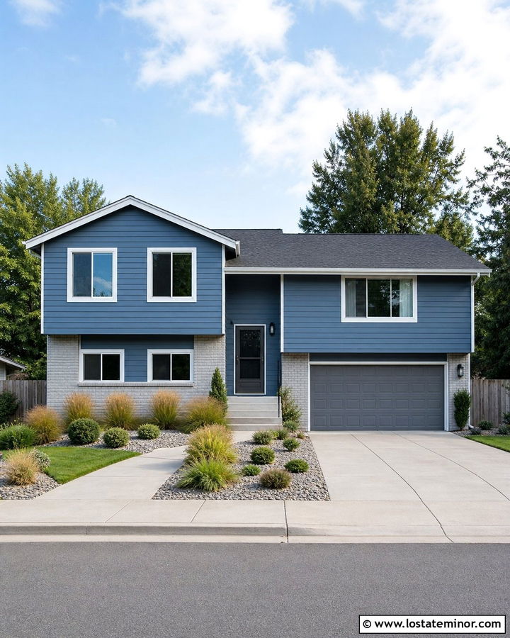 Denim Blue Split Level With Gray Screen Door - 30 Denim Blue House Design With Screen Door Ideas